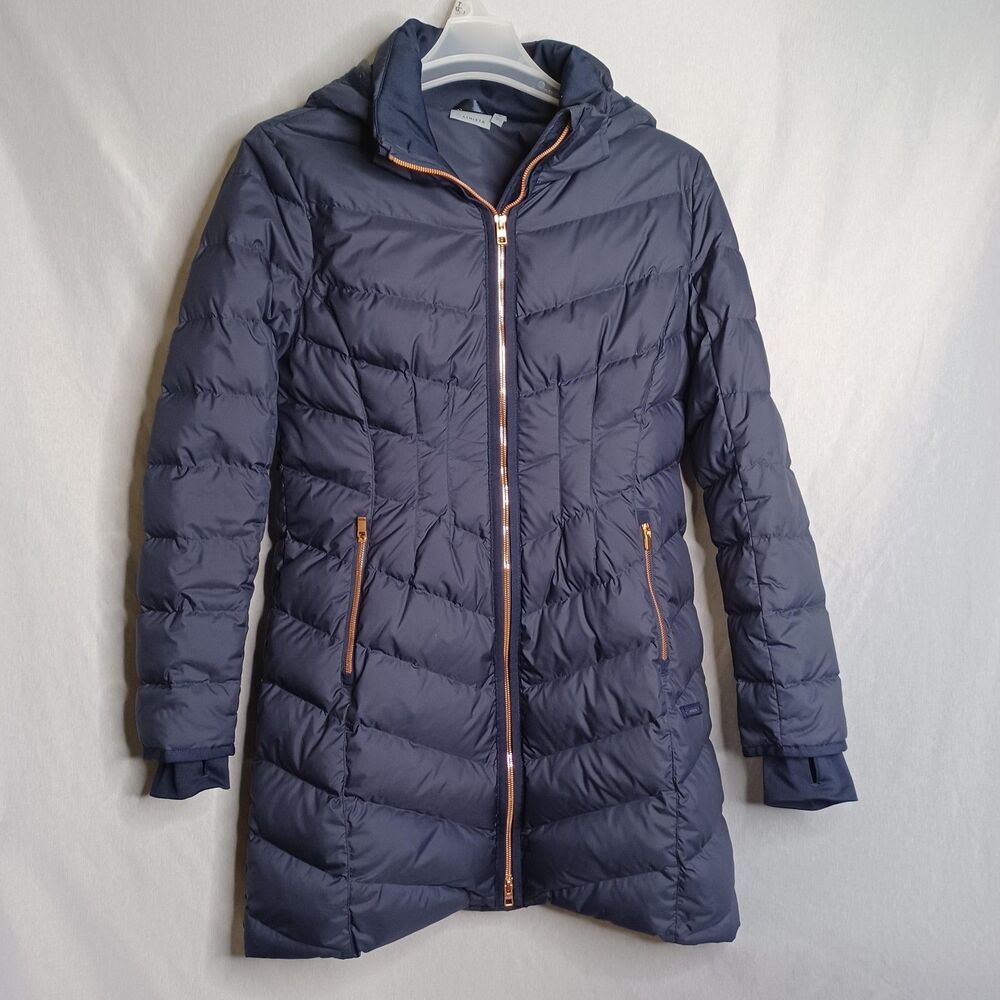 Athleta Down Coat Womens Medium Blue Hooded Puffer Jacket Quilted Mid Length
